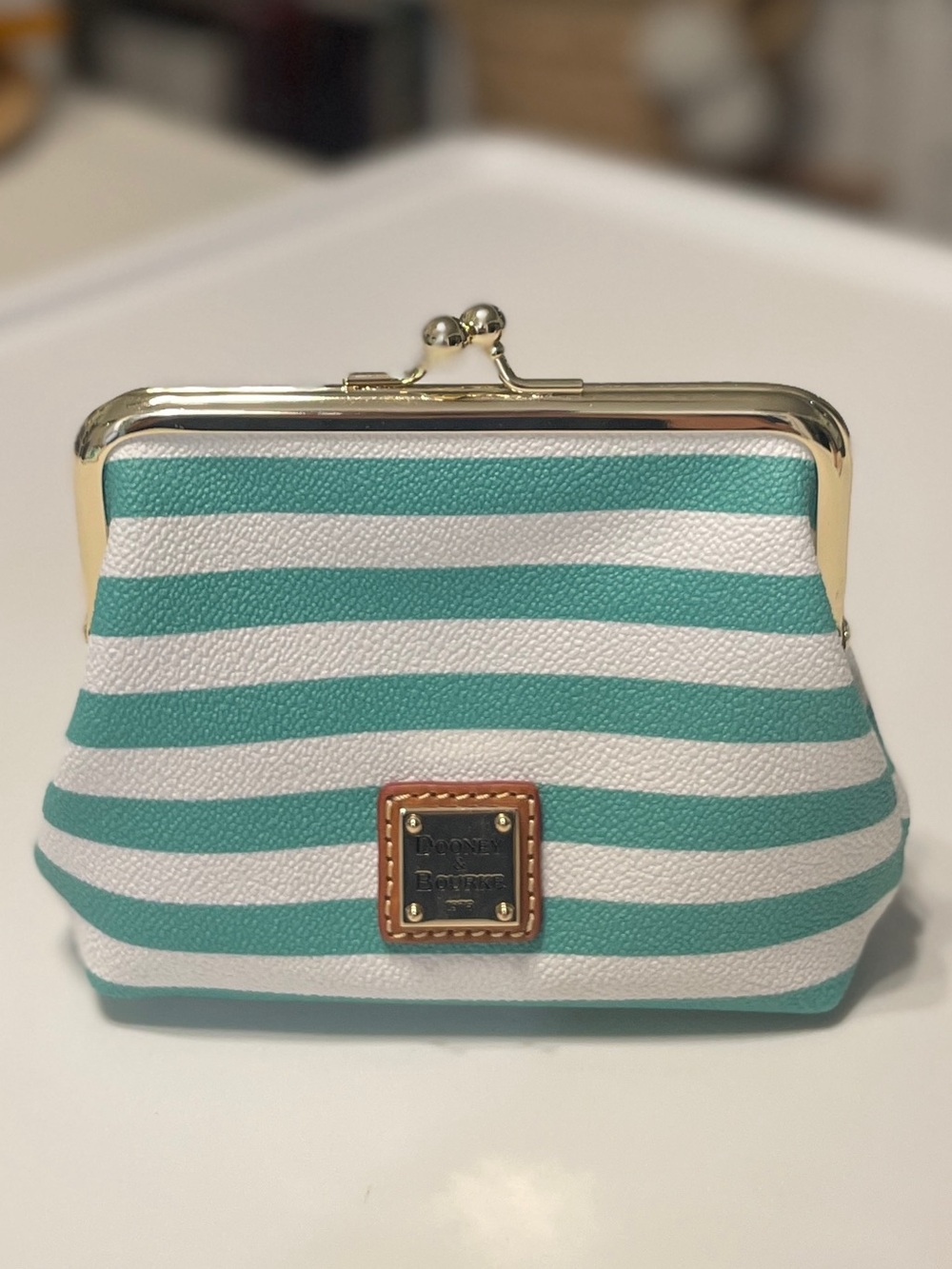 Dooney & Bourke Teal and White Striped Kiss-Lock Coin / card Purse/pouch